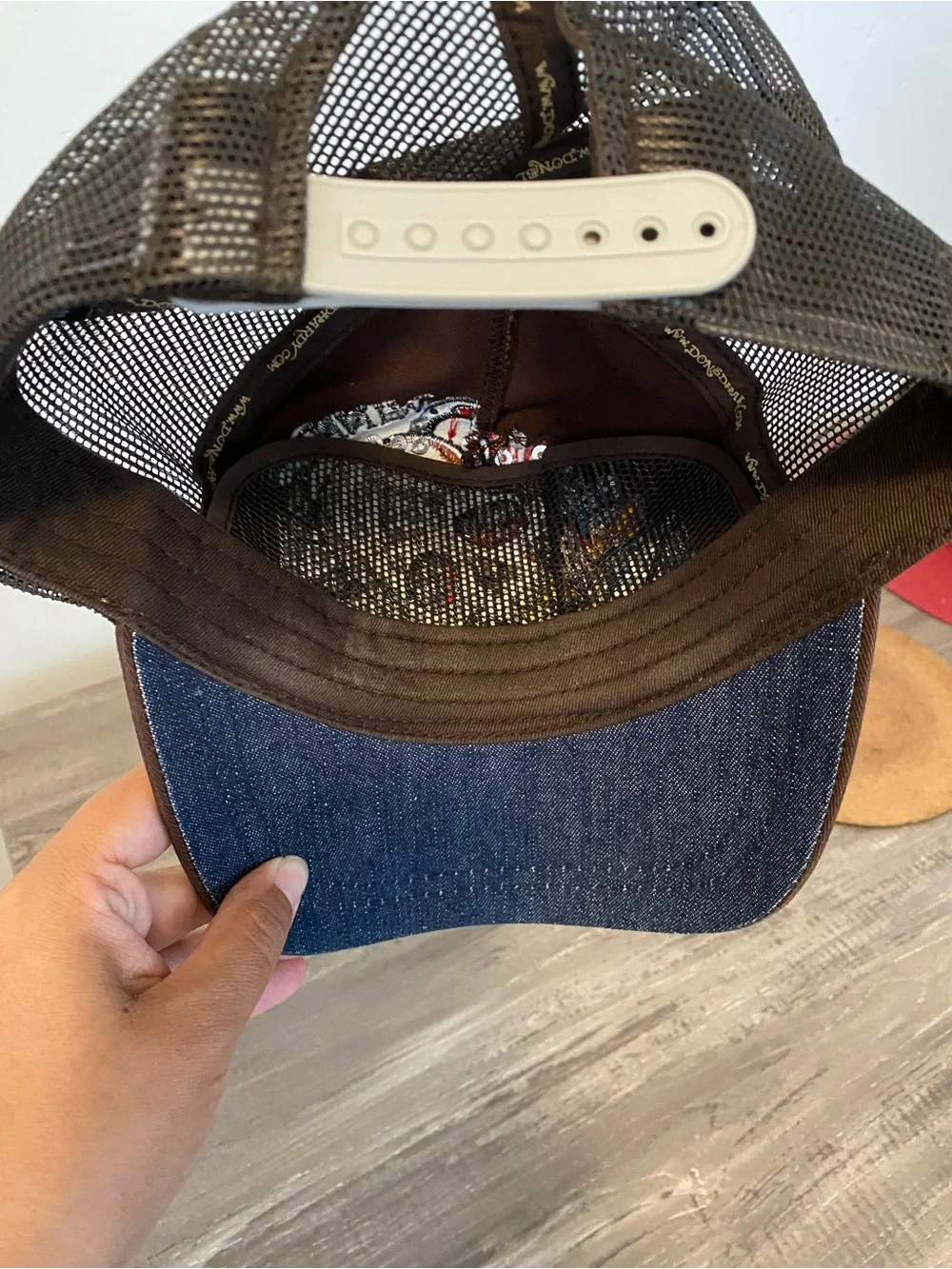 Ed Hardy Brown Trucker Hat with Crystal Skull and Multicolor Embroidery